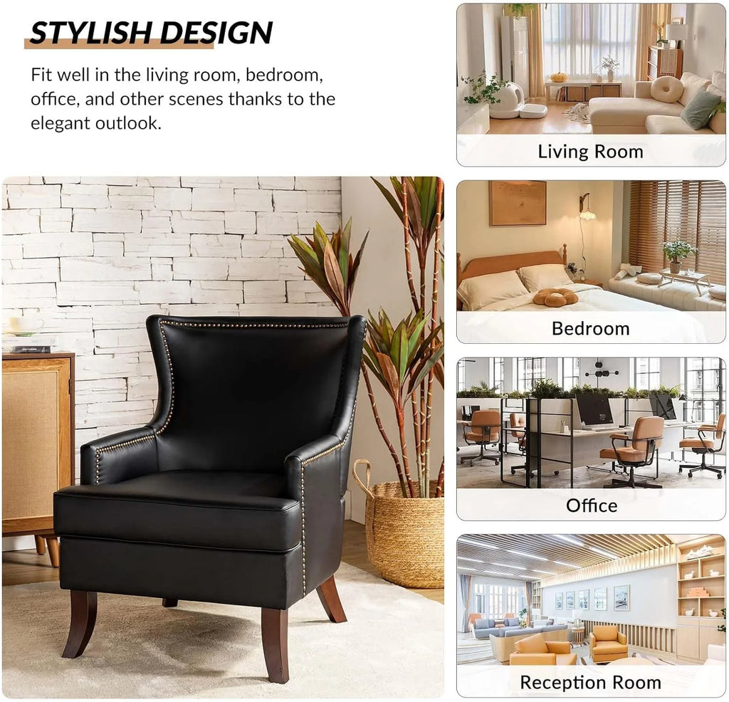 Black Faux Leather Wingback Accent Chair with Nailhead Trim K329