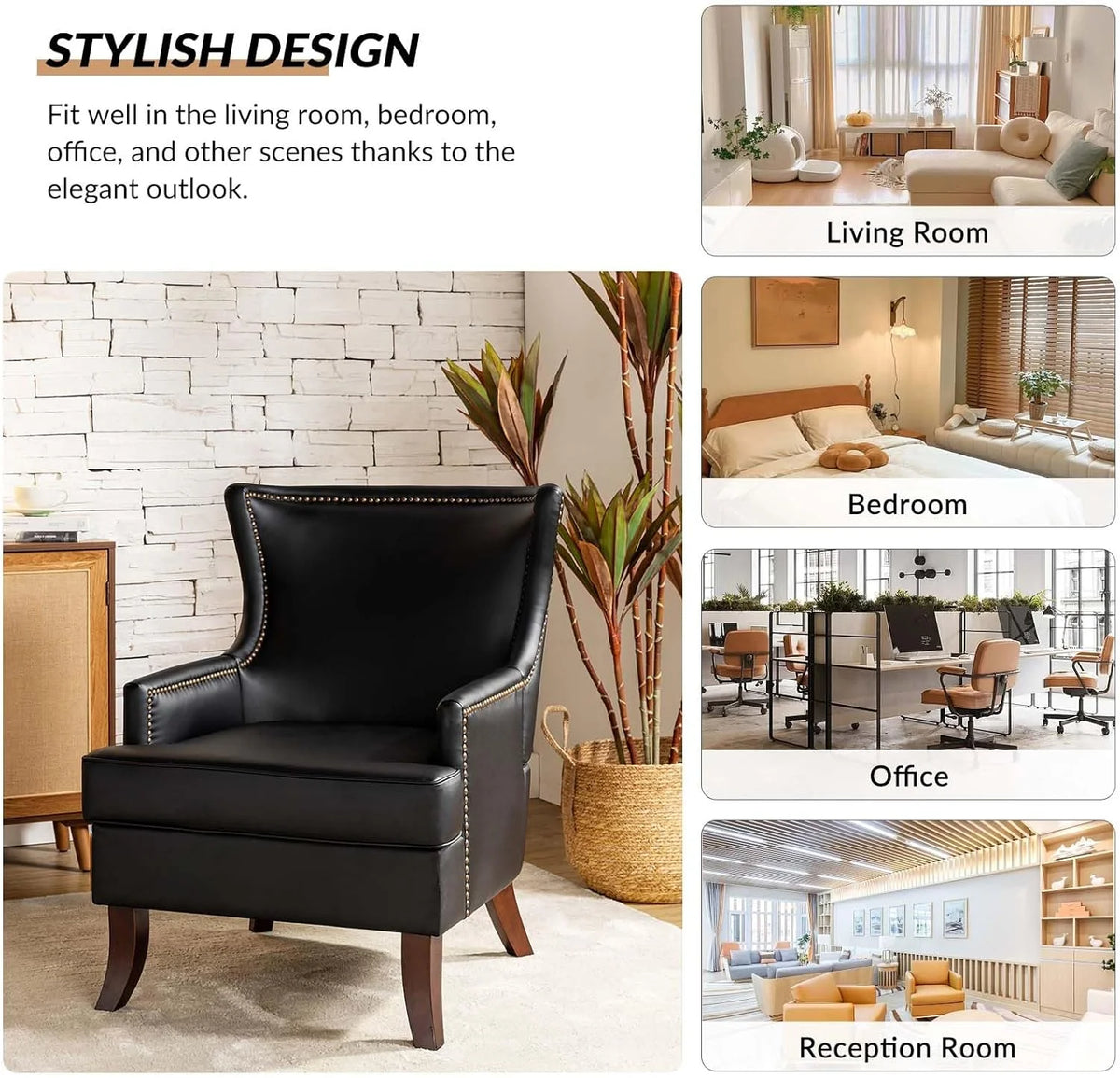 Black Faux Leather Wingback Accent Chair with Nailhead Trim K329