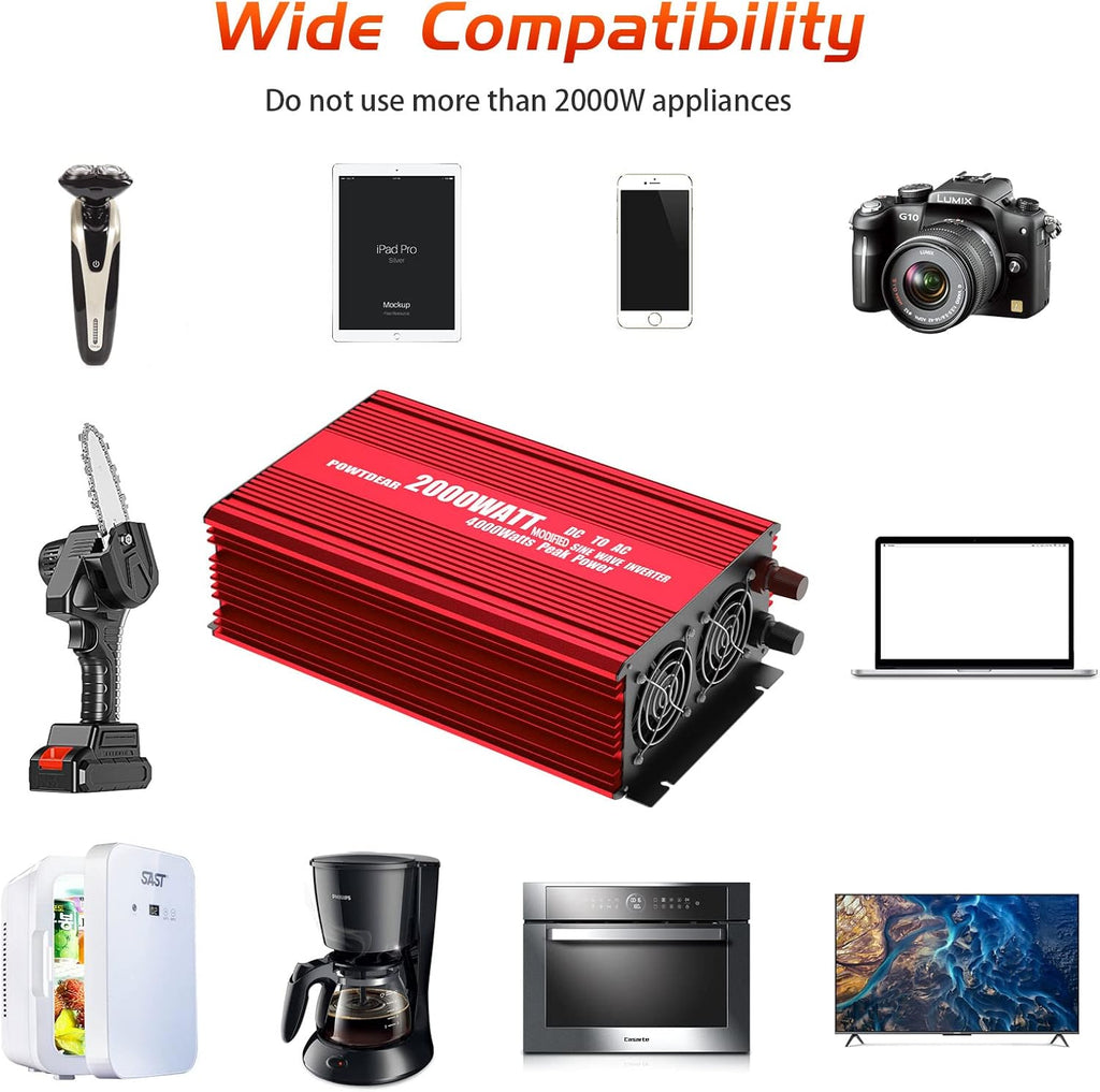 2000 Watt Power Inverter with 2.4A USB Ports 3 AC Outlets W966