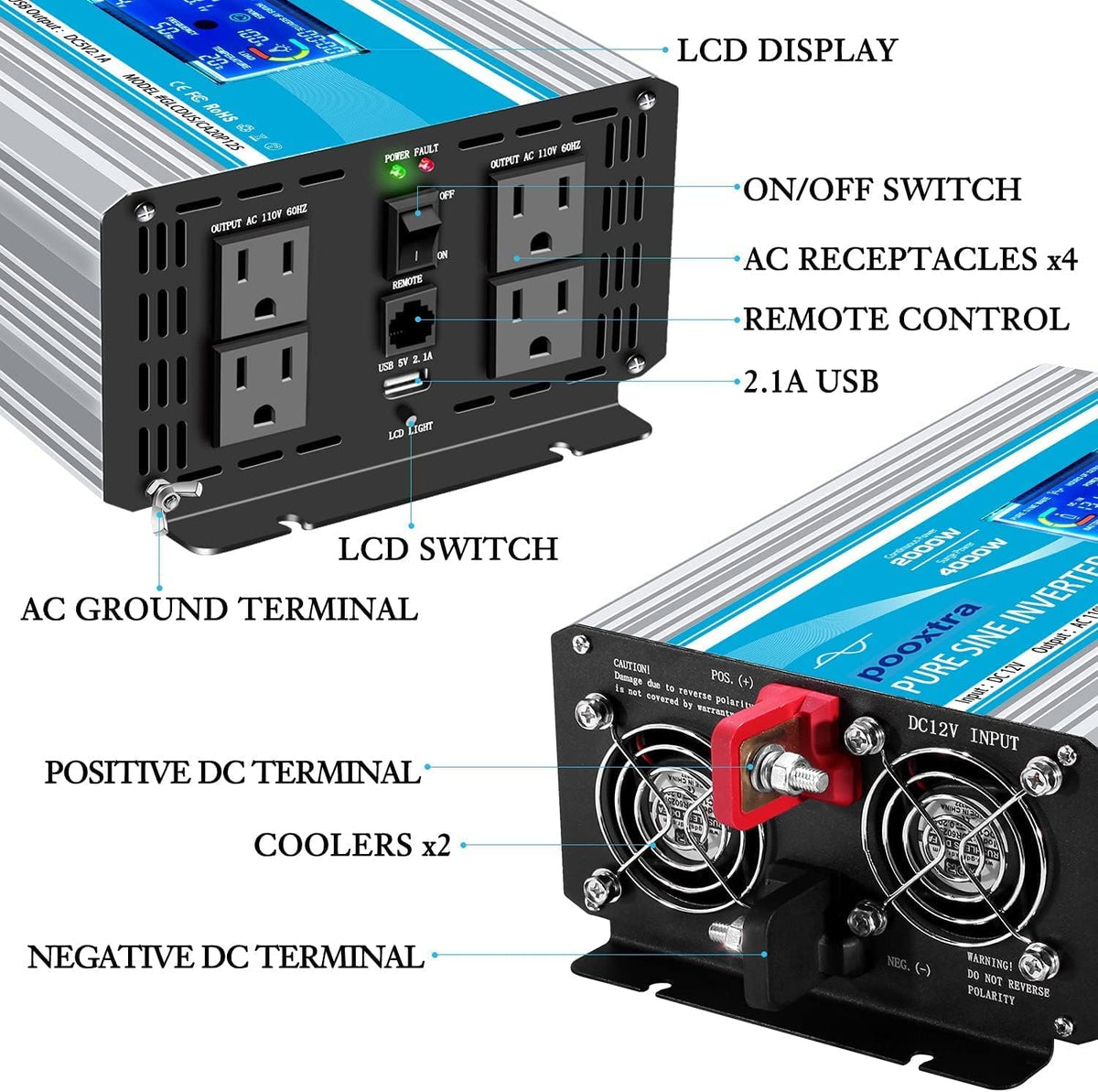 1500 Watt Pure Sine Wave Power Inverter 12V DC to 110V AC with LCD Display USB Port 4 AC Outlets G1945