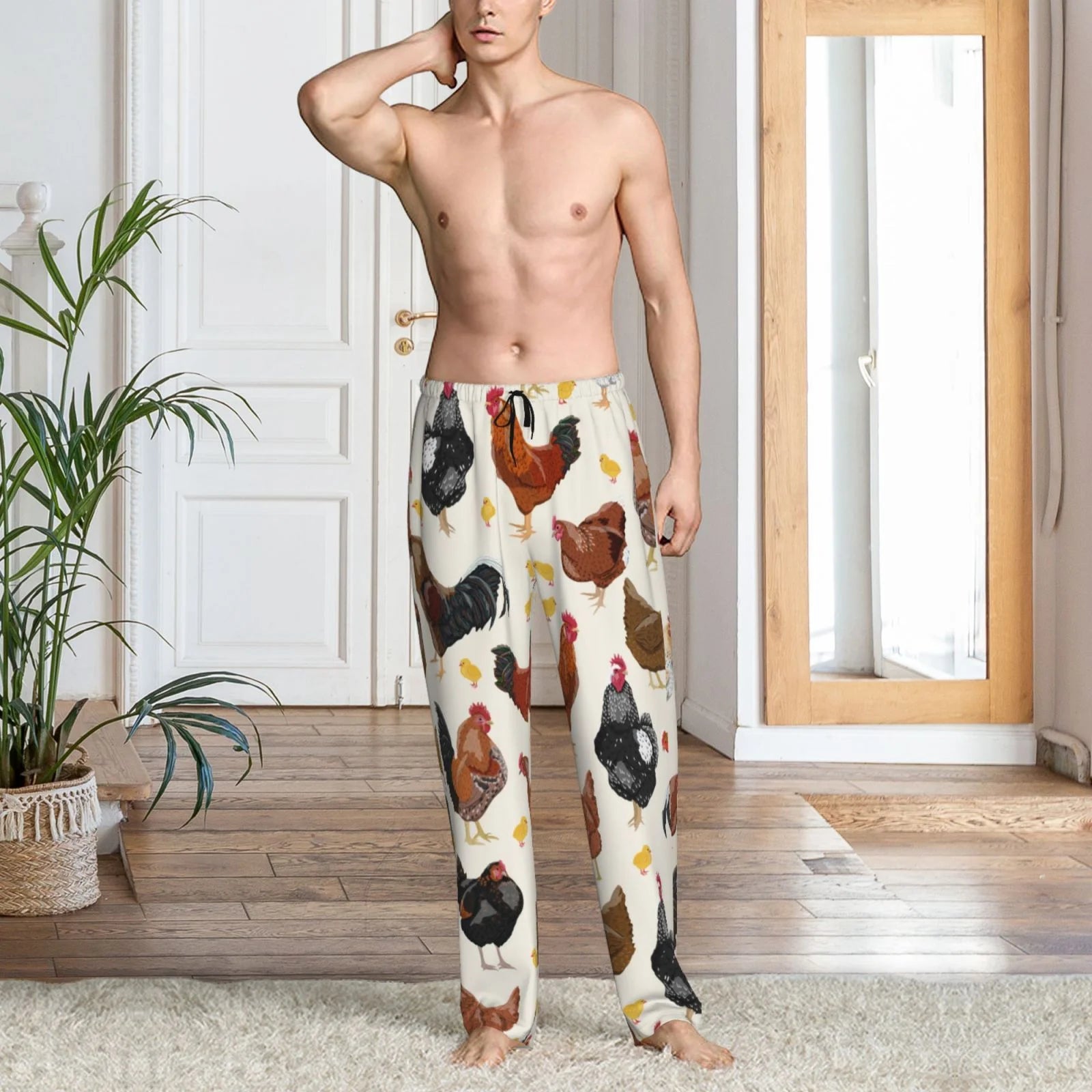 Men's Roosters And Chickens Pajama Pants with Drawstring and Pockets H565