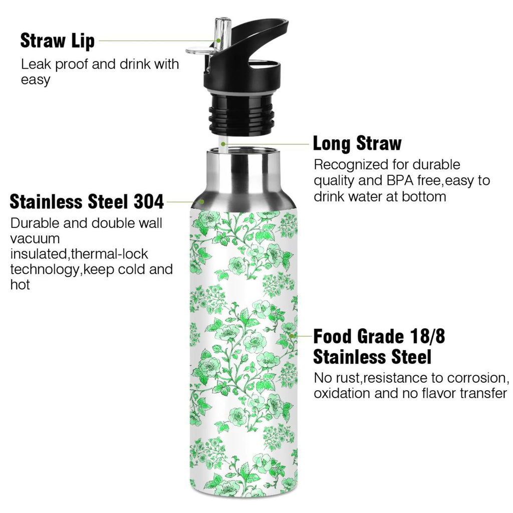 Green Peony Floral Stainless Steel Insulated Water Bottle with Straw Lid U6597