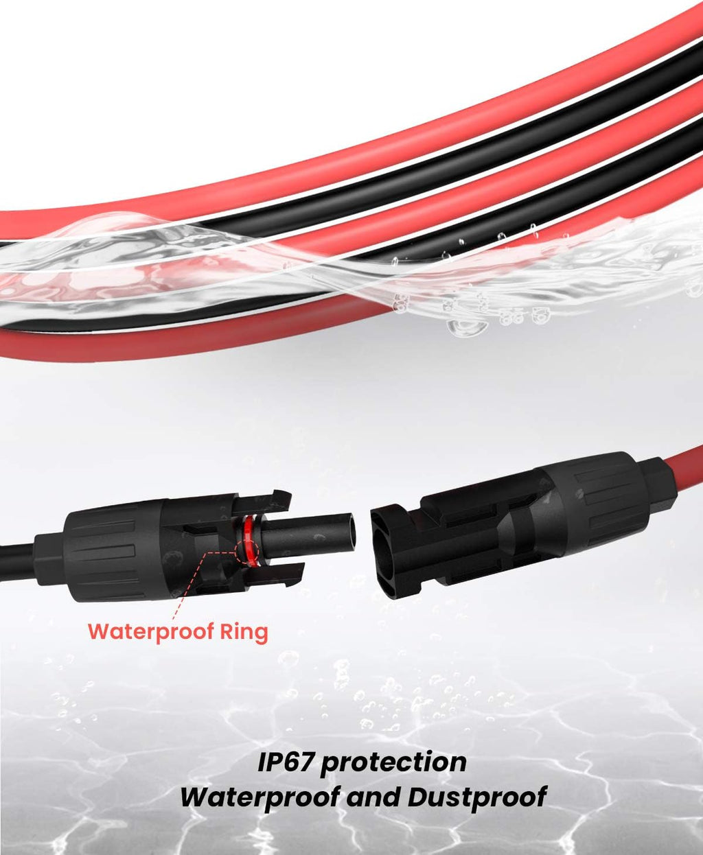 50 Feet 10AWG Solar Extension Cable with Female and Male Connector, Red and Black F4907