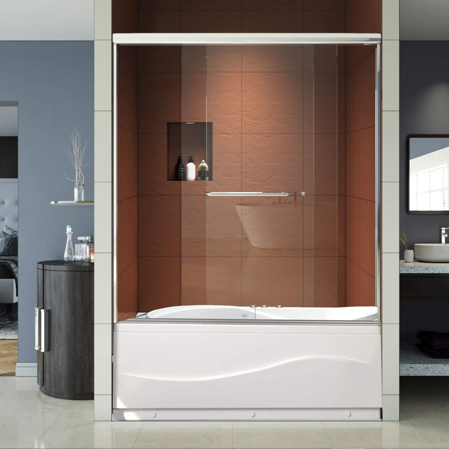 Bypass Sliding Bathtub Shower Door, Double Sliding Tub Shower Door, 58 1/2'' - 60'' W x 62'' H, 1/4'' Clear Glass, Chrome Finish R834071
