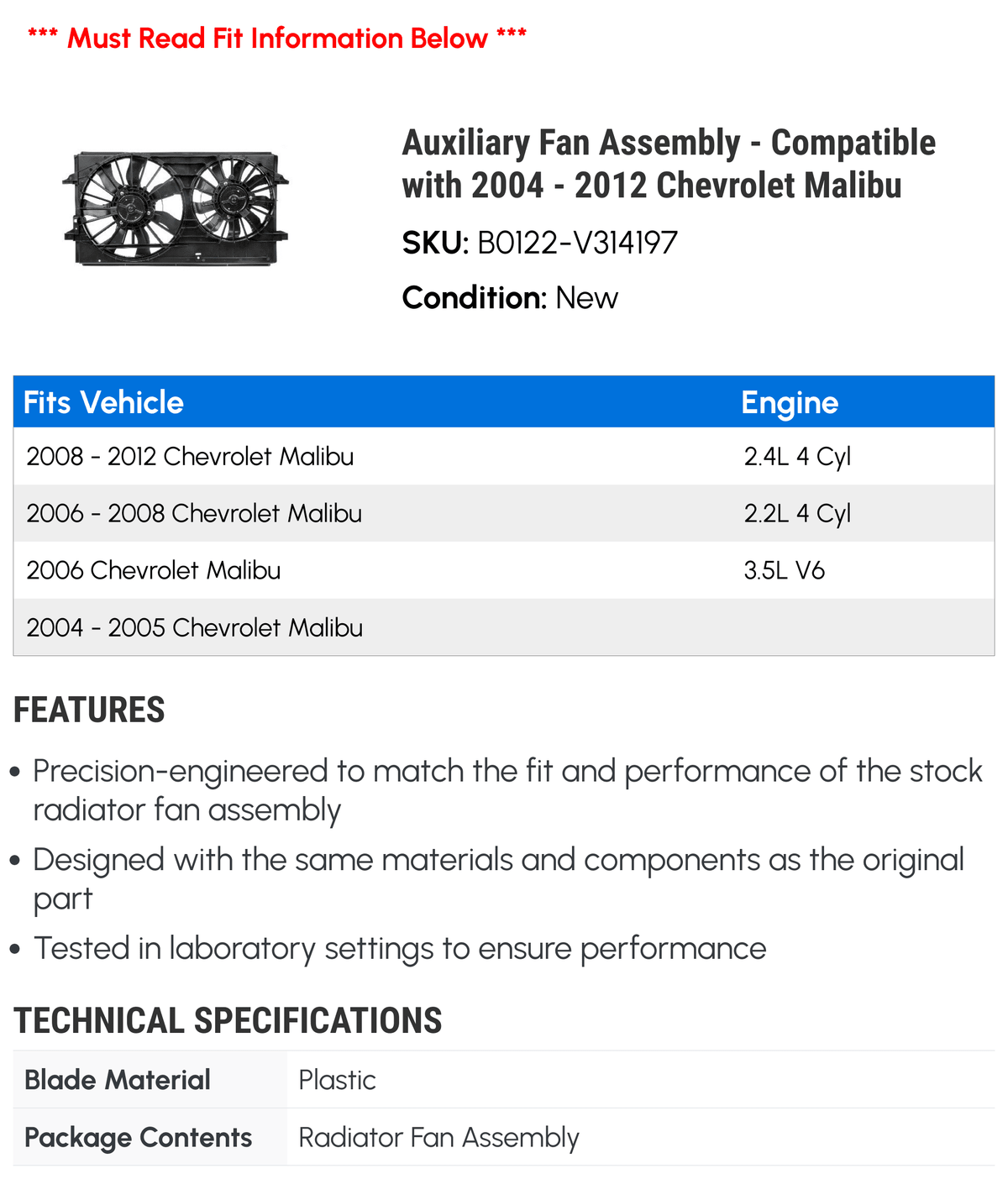 Auxiliary Fan Assembly for Chevy Malibu X974