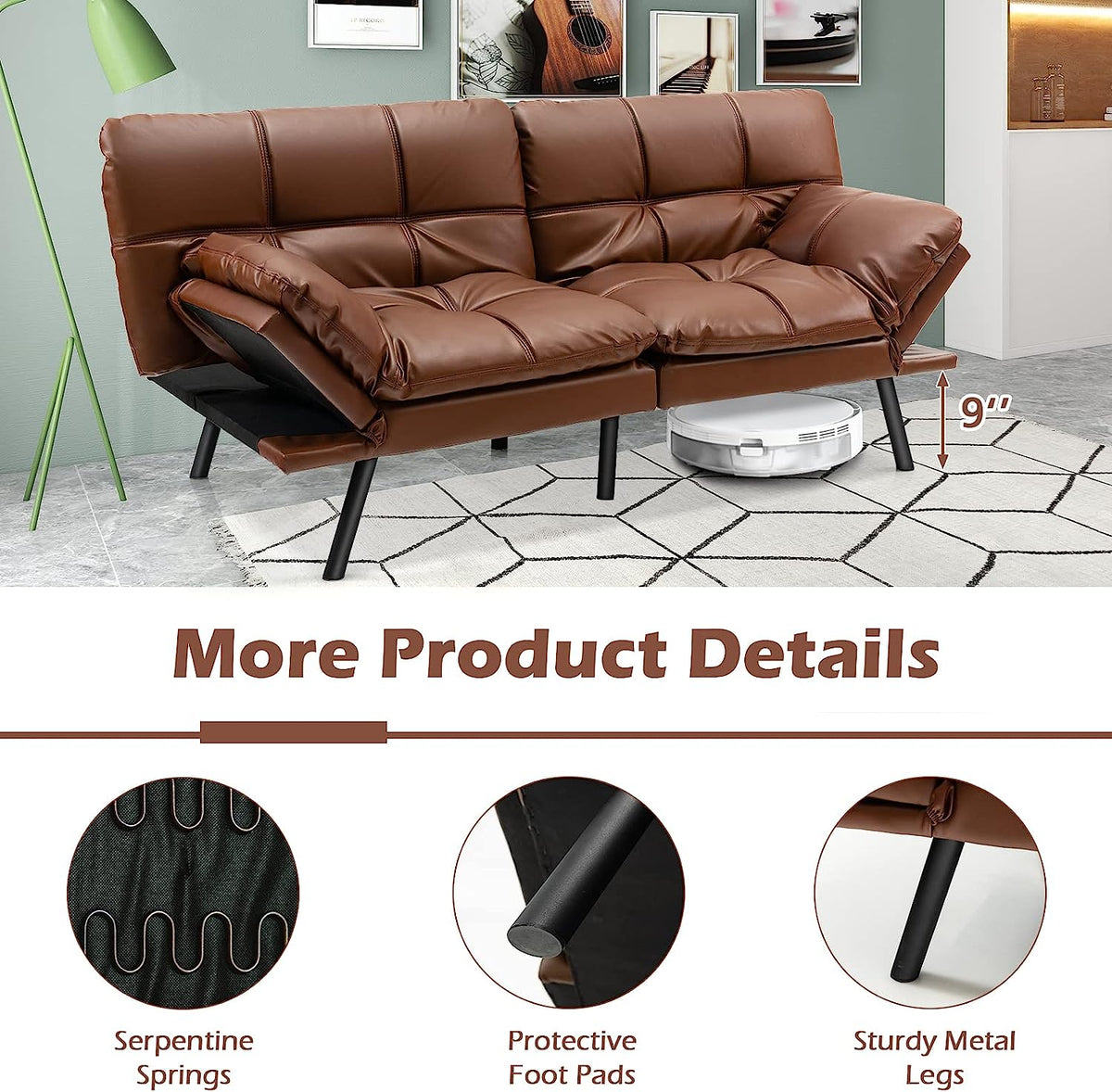 Brown Memory Foam Futon Sofa Bed with Adjustable Backrest I240668