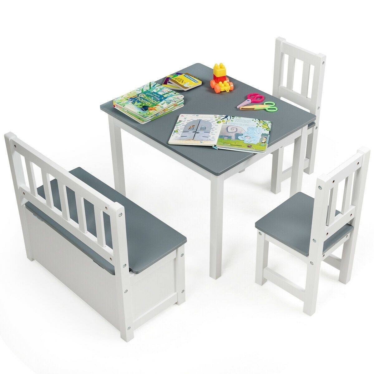 4 Pcs Kids Wood Table Chairs Set Gray C87155