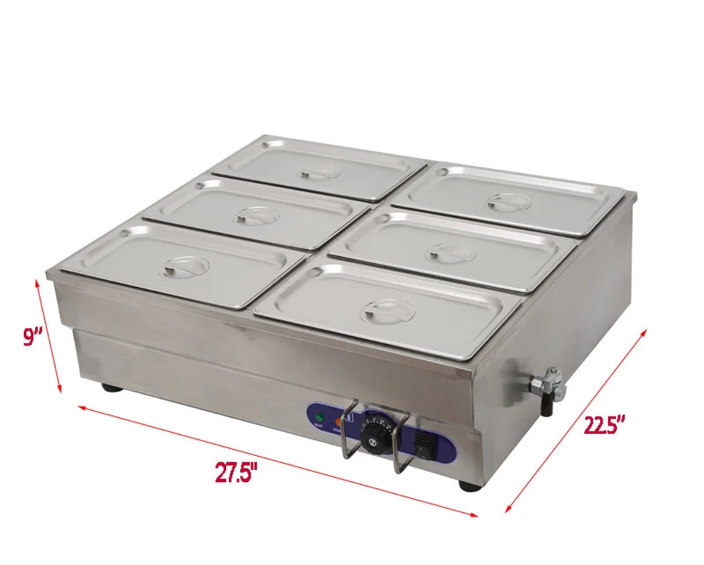 6-Pot Bain-Marie Buffet Food Warmer with 6INCH Deep Pan Double Row Countertop Steam Table R92797