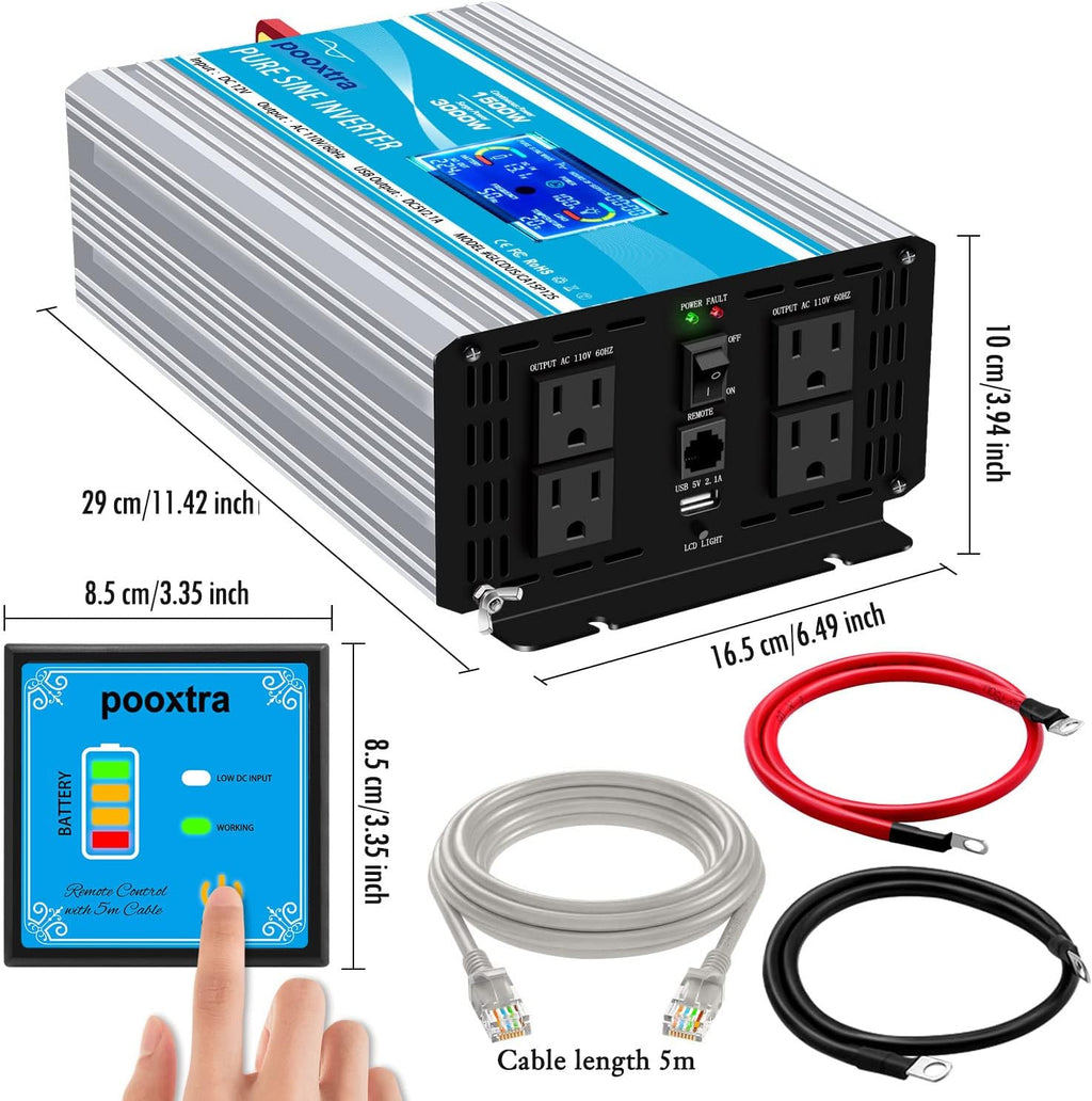 1500 Watt Pure Sine Wave Power Inverter 12V DC to 110V AC with LCD Display USB Port 4 AC Outlets G1945