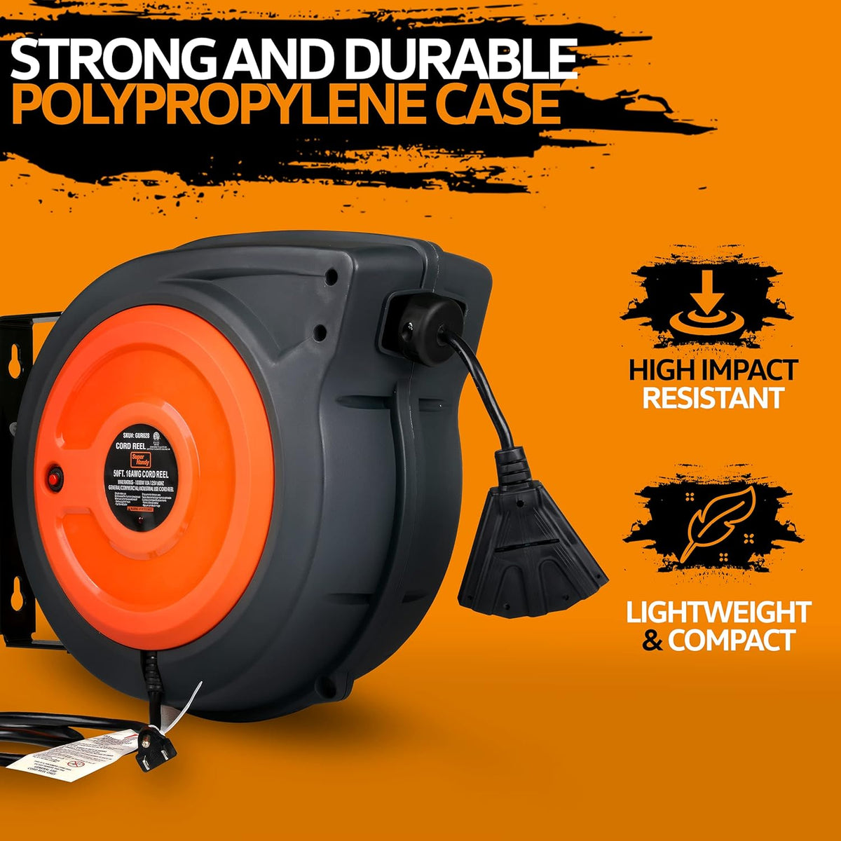 Retractable Extension Cord Reel 16AWG x 50' Feet Industrial Polypropylene Ultra Heavy Duty 3C SJTOW Commercial Ultra Flexible Cable Triple Tap Connector R339284