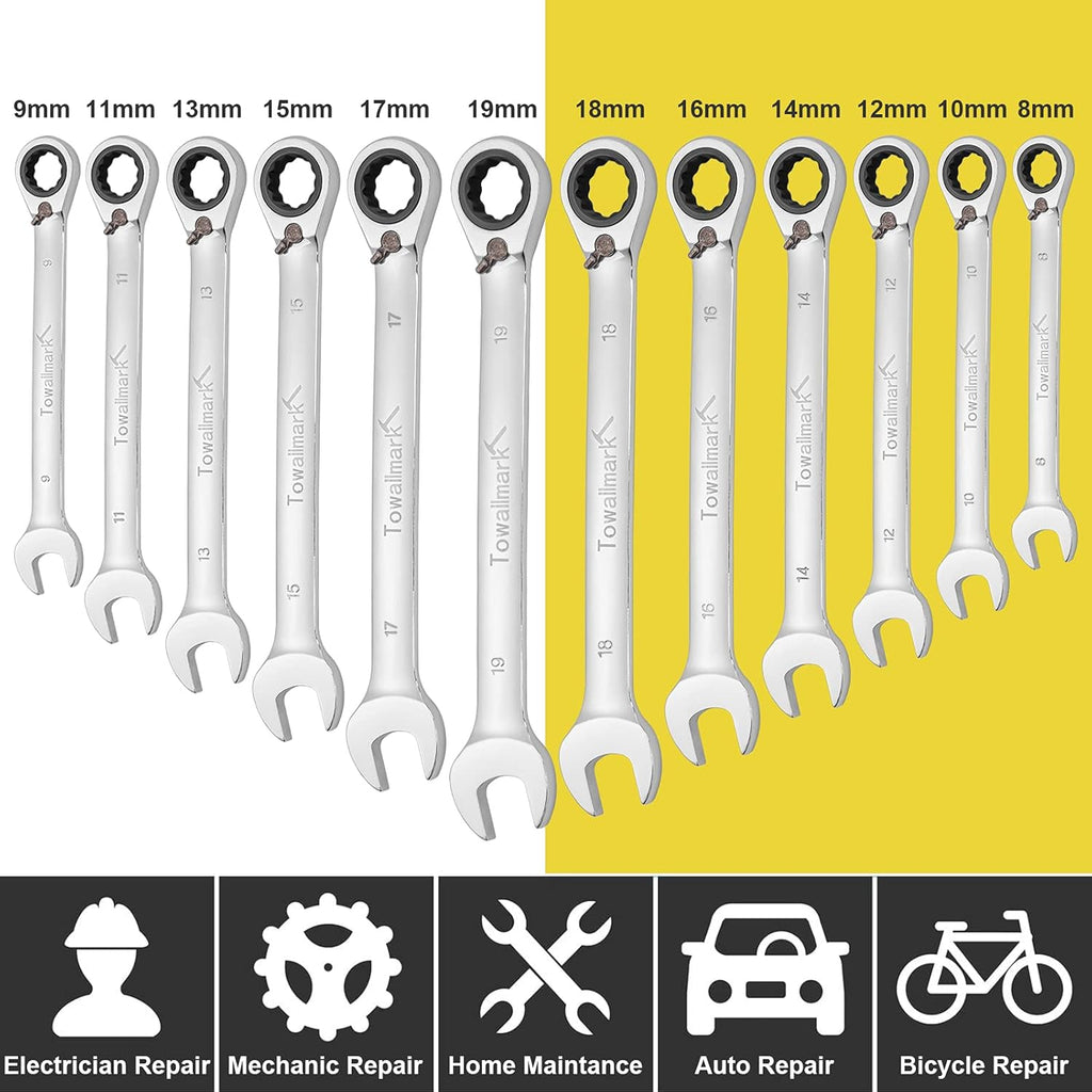 12-Piece Reversible Ratchet Combination Wrench Set, Metric, 8mm-19mm Chrome Vanadium Steel G432967