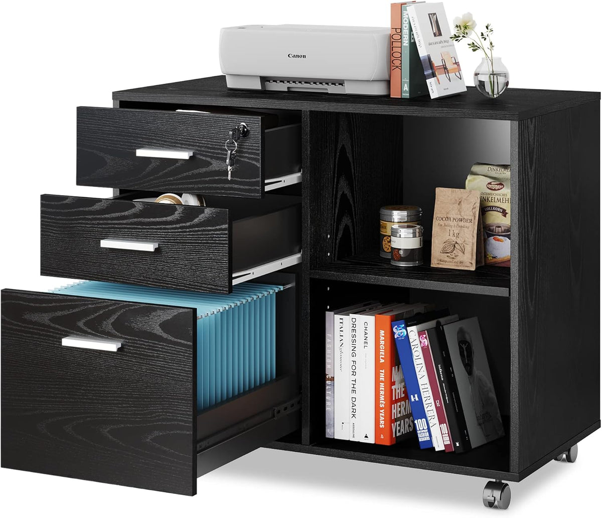 Gray Oak 3-Drawer Wood Mobile Lateral Filing Cabinet with Lock P9292