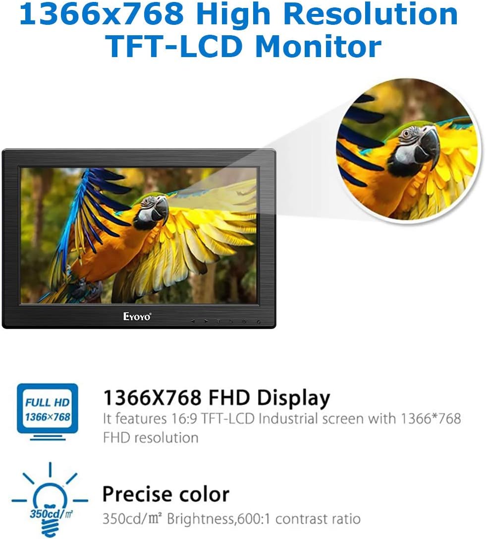 12" TFT LCD Monitor with AV HDMI BNC VGA Input 1366x768 Portable HD Display with Built-in Speaker D504