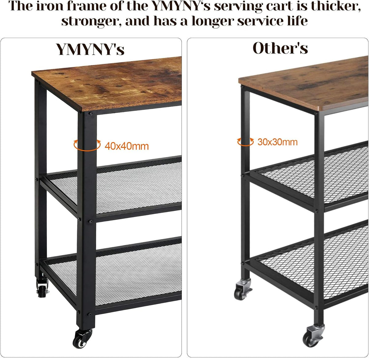 Industrial 3-Tier Rolling Utility Cart, Rustic Brown I566