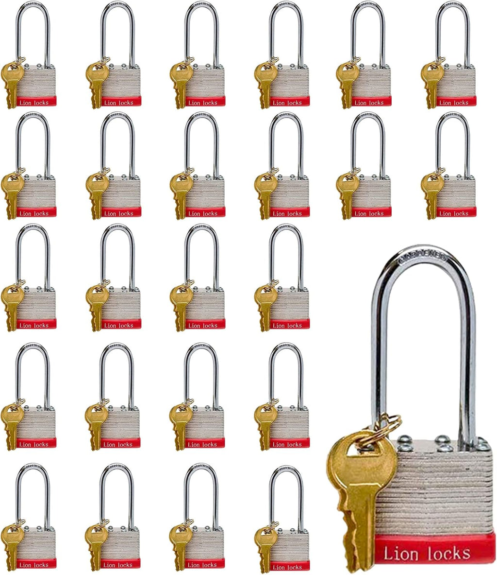 24 Keyed-Alike Padlocks with Long Shackle, 48 Keys, Hardened Steel Case, Brass Pin Cylinder R336543