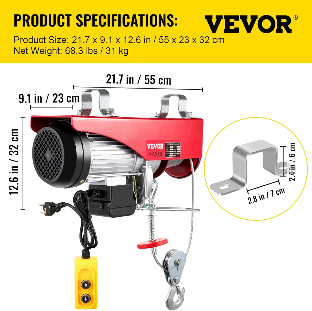 2200 lb Electric Hoist with Remote Control, 110V Red Y649421