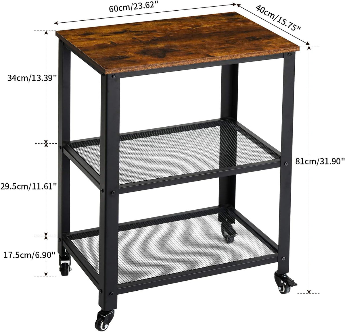 Industrial 3-Tier Rolling Utility Cart, Rustic Brown I566