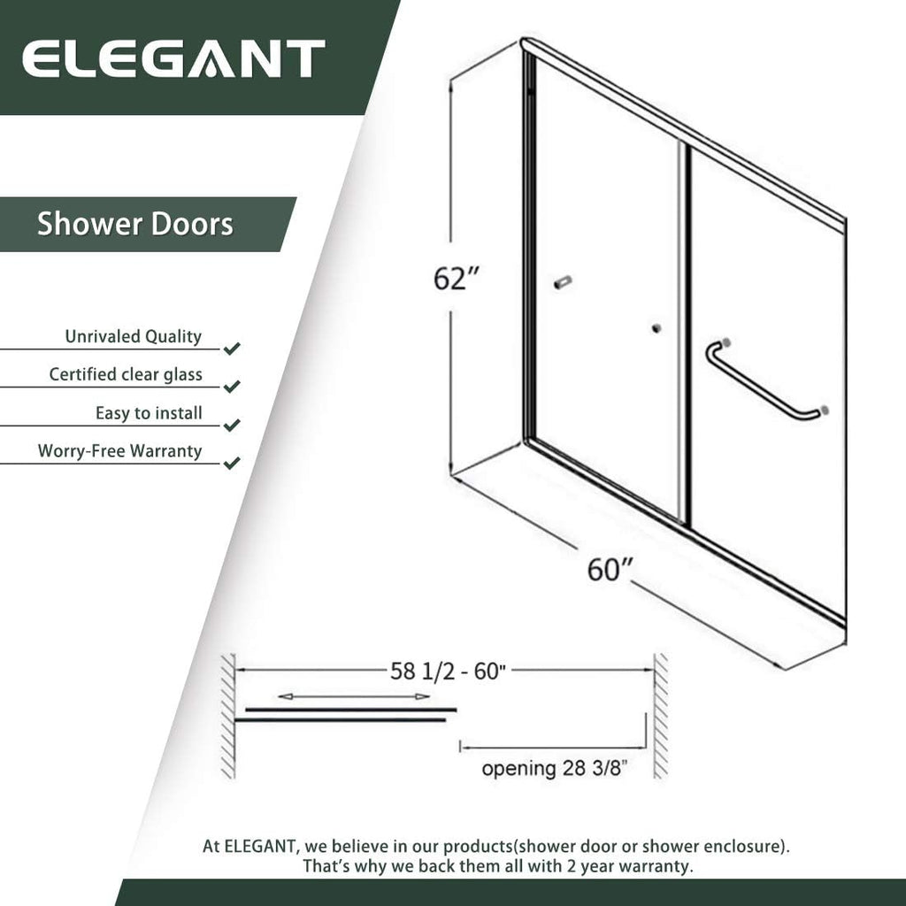 Bypass Sliding Bathtub Shower Door, Double Sliding Tub Shower Door, 58 1/2'' - 60'' W x 62'' H, 1/4'' Clear Glass, Chrome Finish R834071