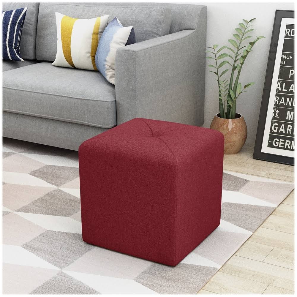 Deep Red Fabric Square Ottoman D311649