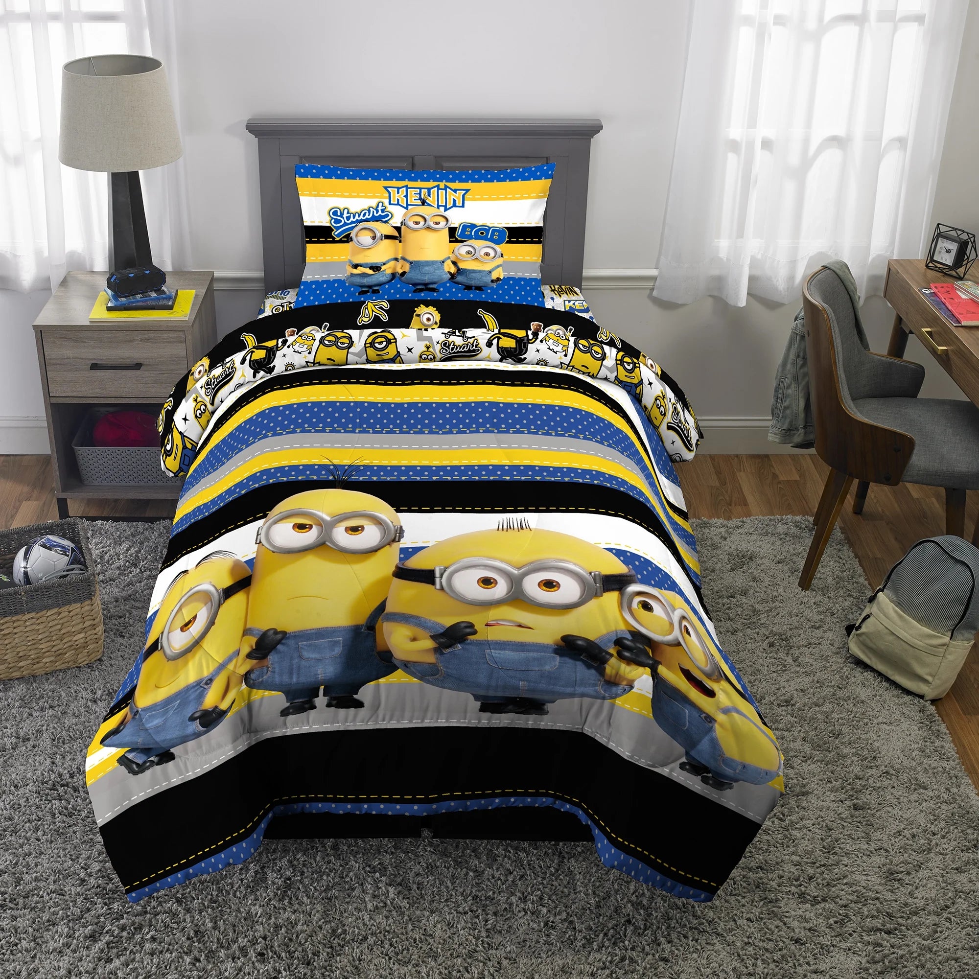 Reversible Blue and Yellow Kids Comforter and Sham Set H237