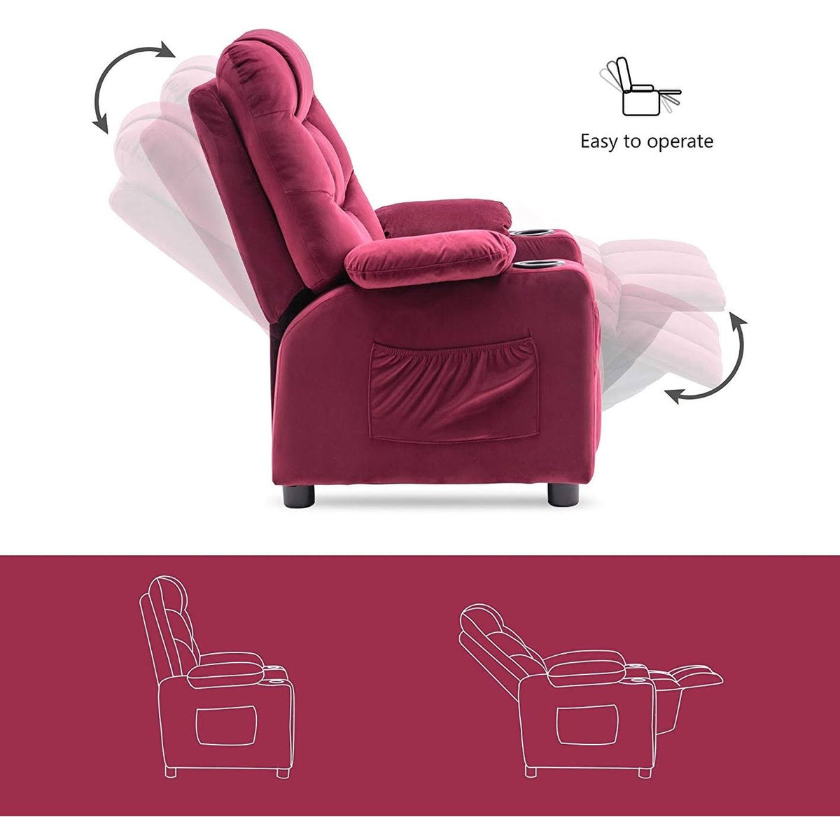 Velvet Recliner Chair with Cup Holders D899450