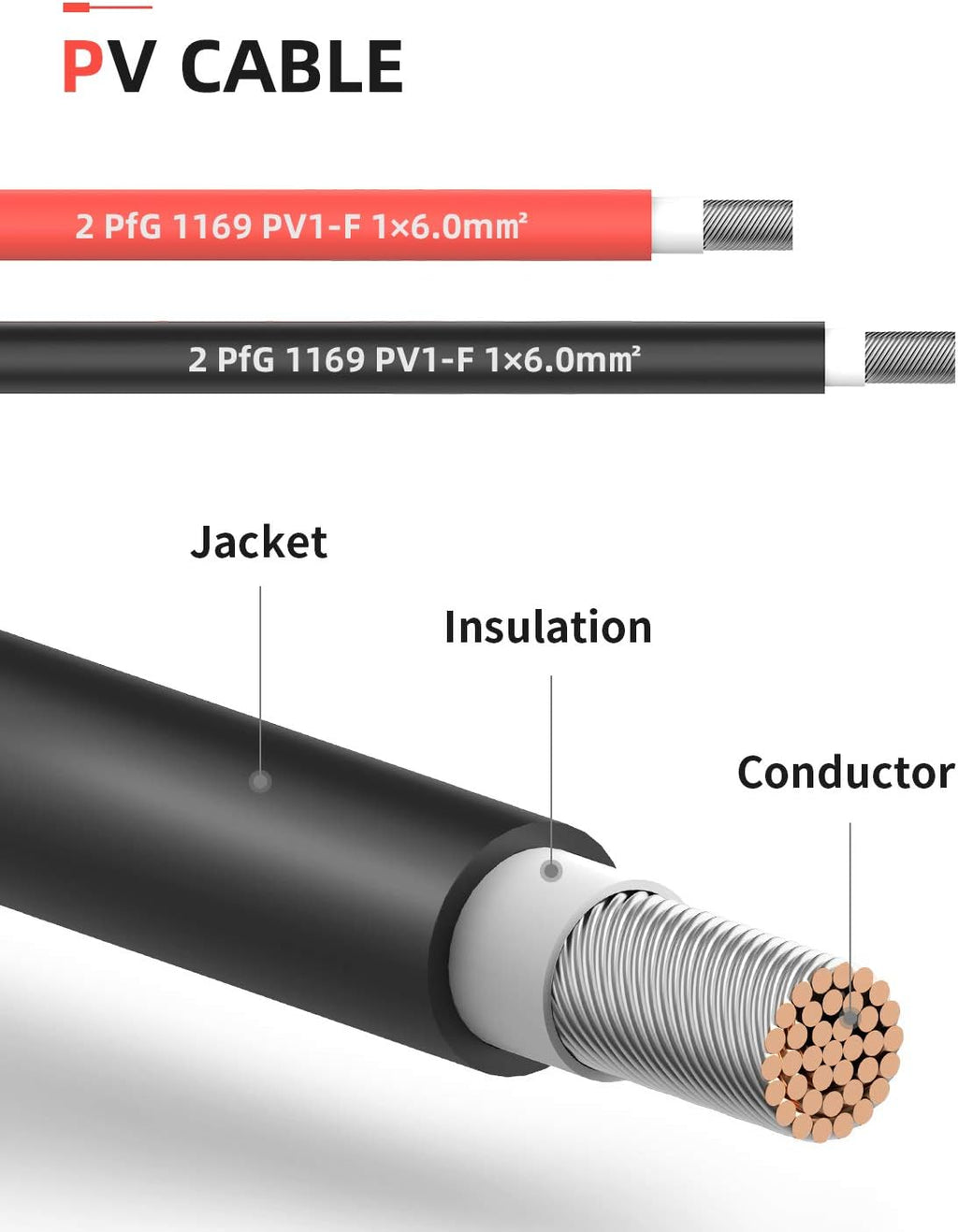 50 Feet 10AWG Solar Extension Cable with Female and Male Connector, Red and Black F4907