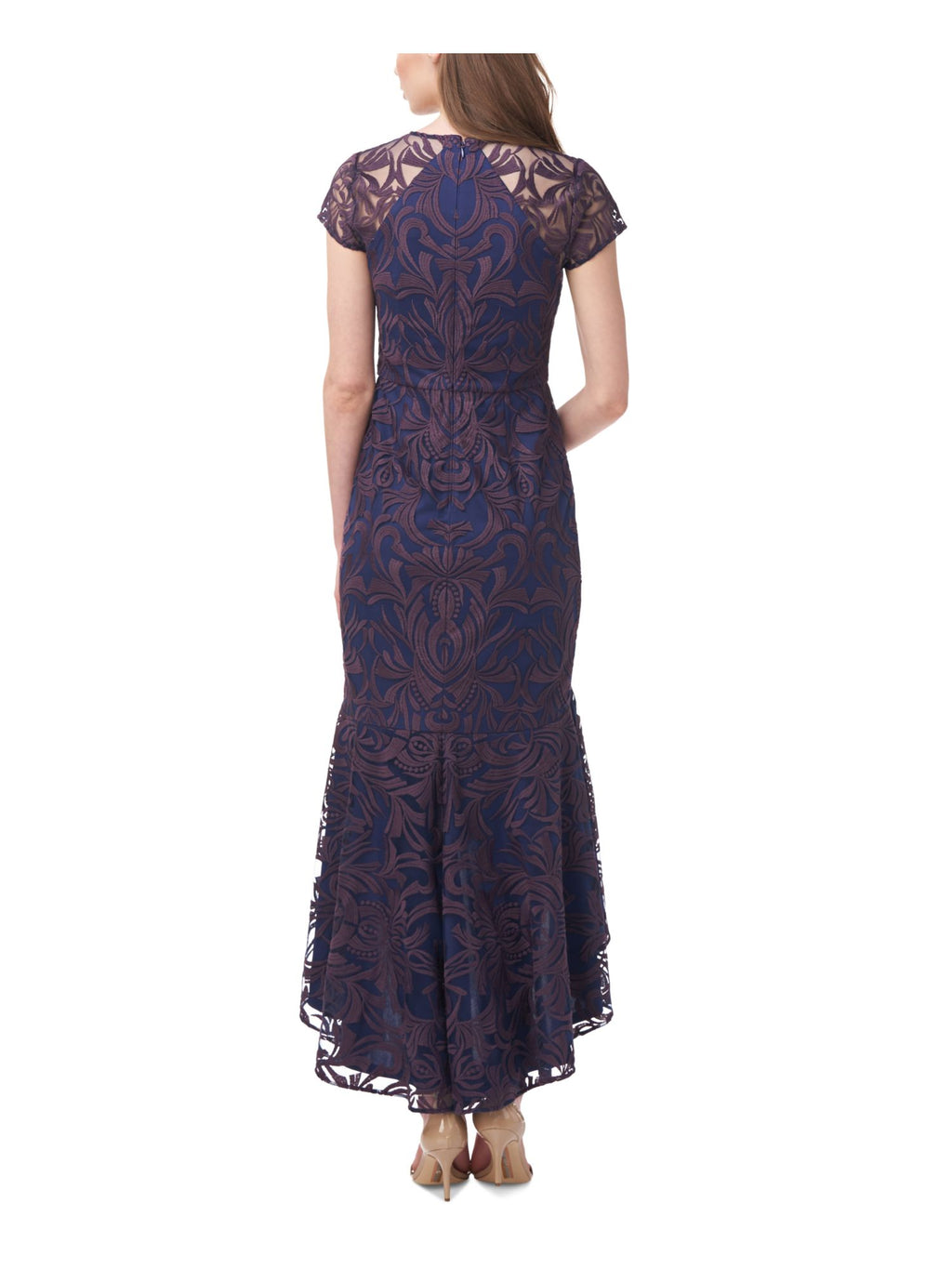 Navy Mesh Embroidered Zippered Lined Cap Sleeve Jewel Neck Maxi Hi-Lo Dress Q9720