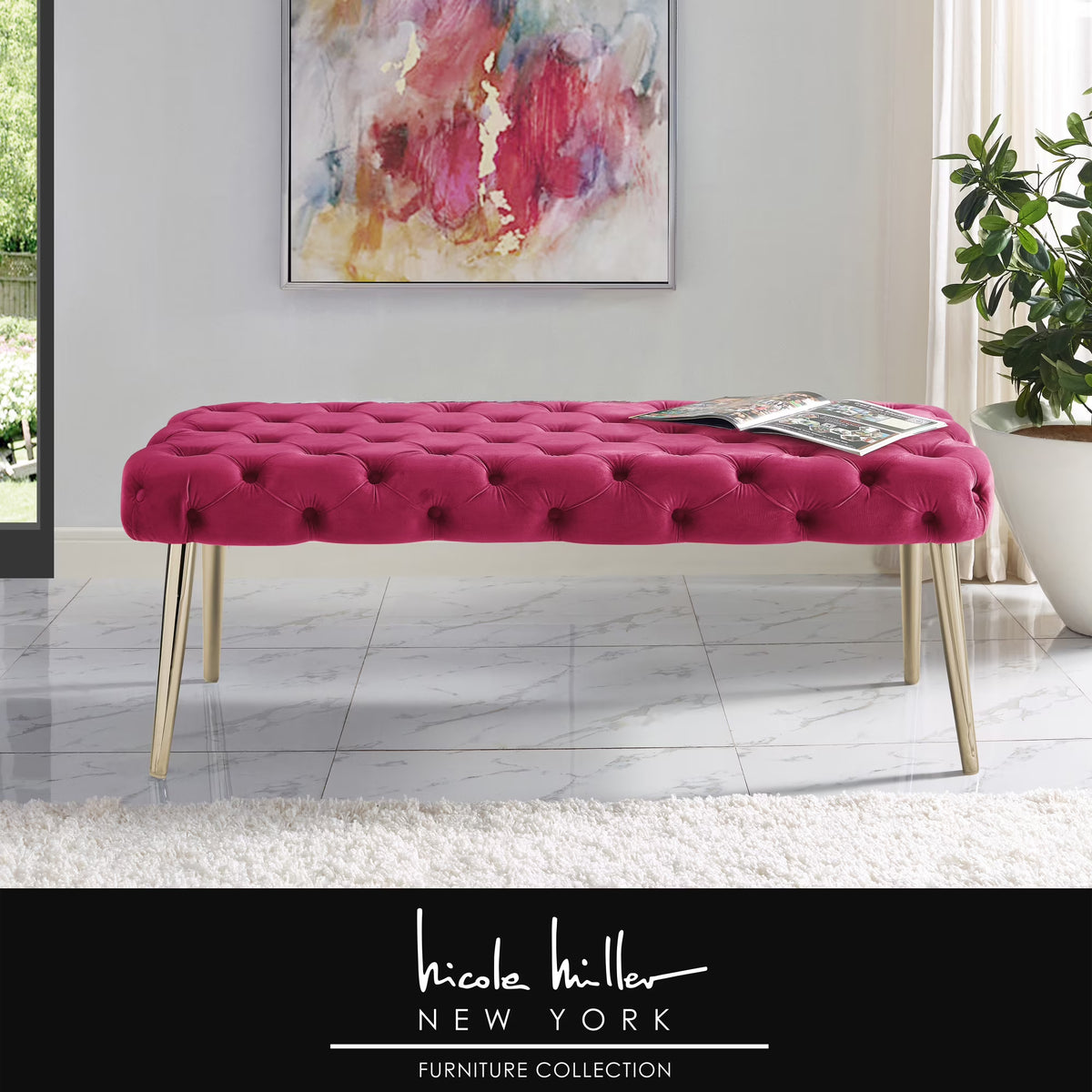 Fuchsia/Gold Velvet Bench with Metal Legs M7283