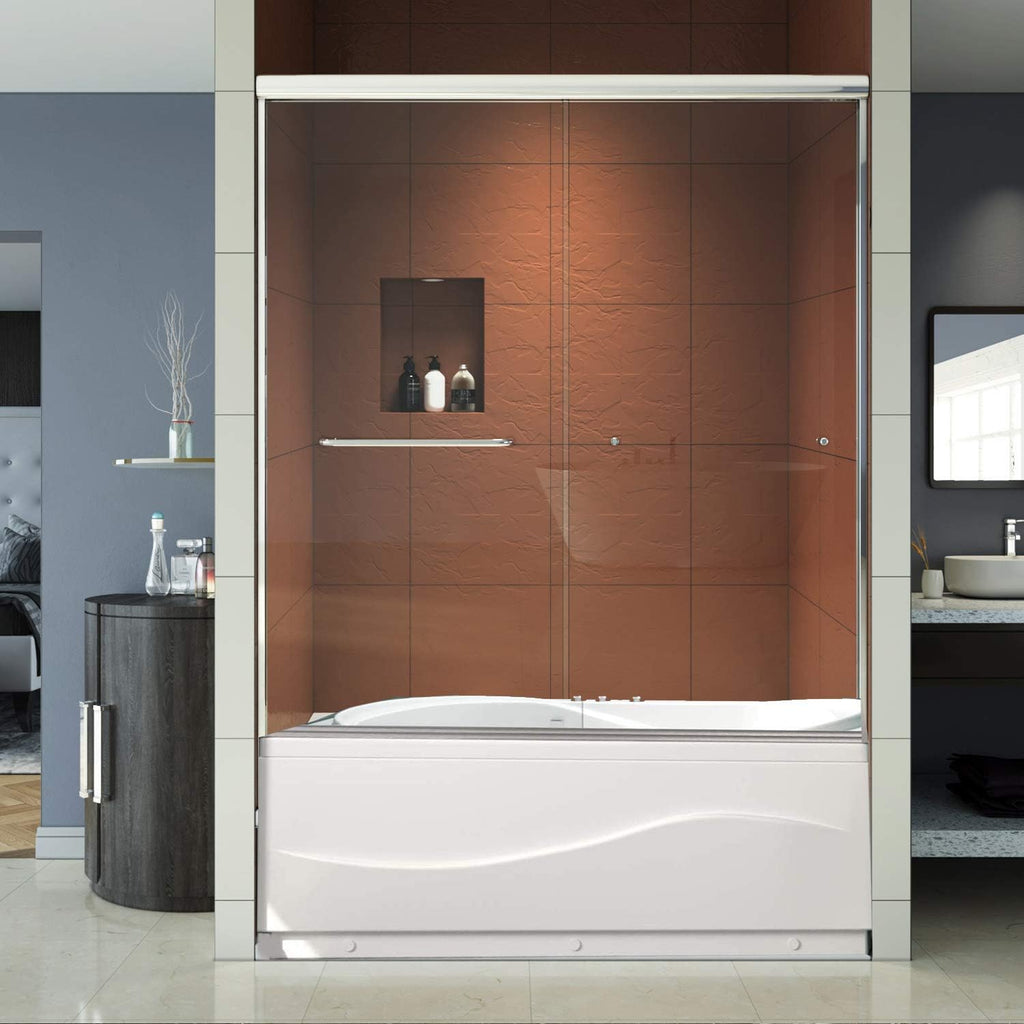Bypass Sliding Bathtub Shower Door, Double Sliding Tub Shower Door, 58 1/2'' - 60'' W x 62'' H, 1/4'' Clear Glass, Chrome Finish R834071