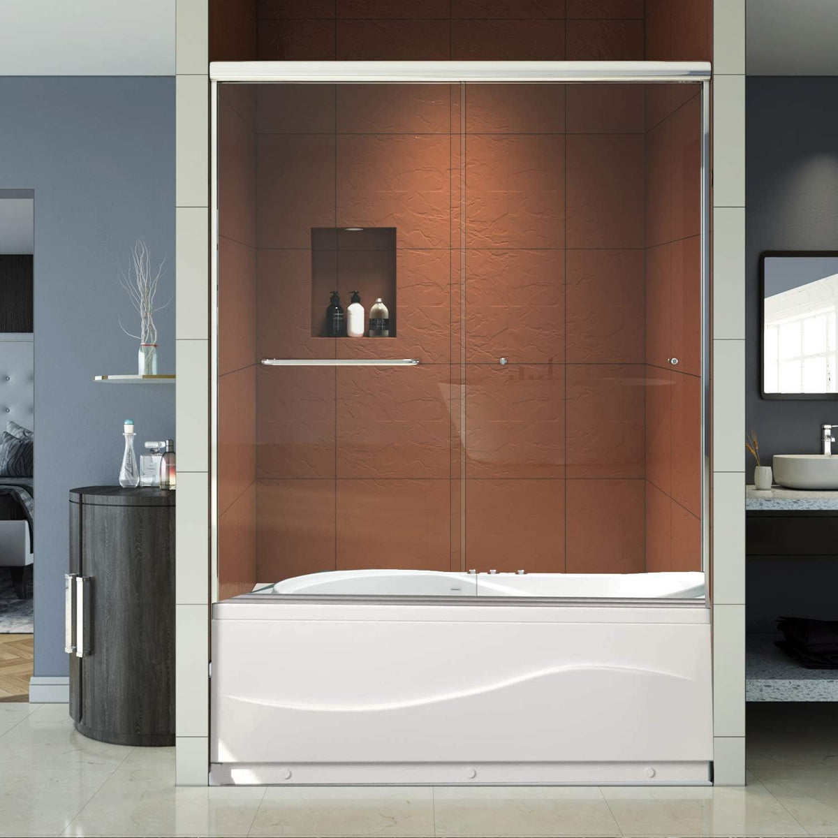 Bypass Sliding Bathtub Shower Door, Double Sliding Tub Shower Door, 58 1/2'' - 60'' W x 62'' H, 1/4'' Clear Glass, Chrome Finish R834071