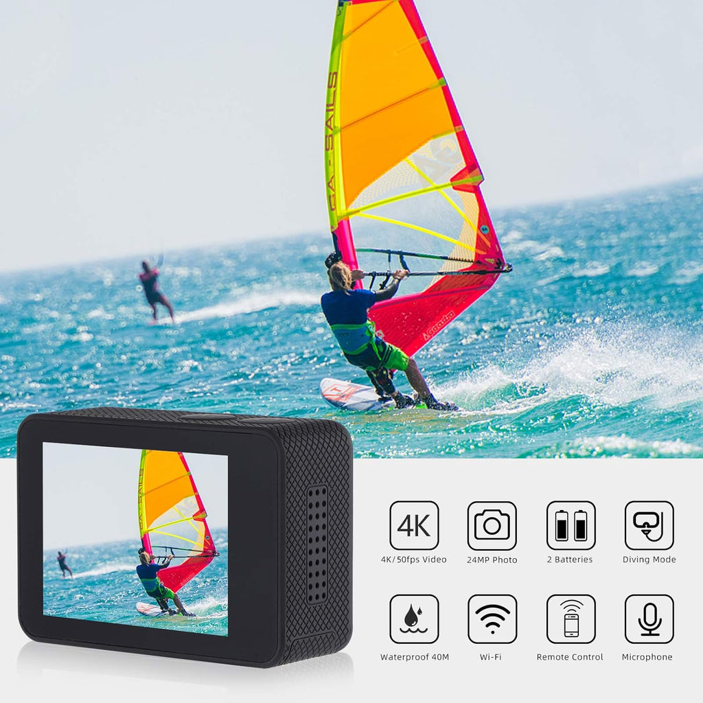 Black 4K 50FPS 24MP Waterproof Action Camera with 32GB Micro SD Card, Pack of 2 H179