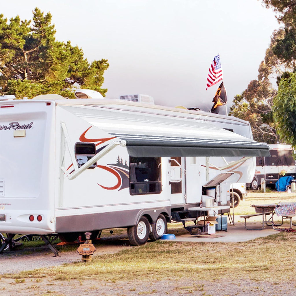 White Motorized Retractable RV Awning Full Set Assemblies 12x8 Ft Black Fade F75211
