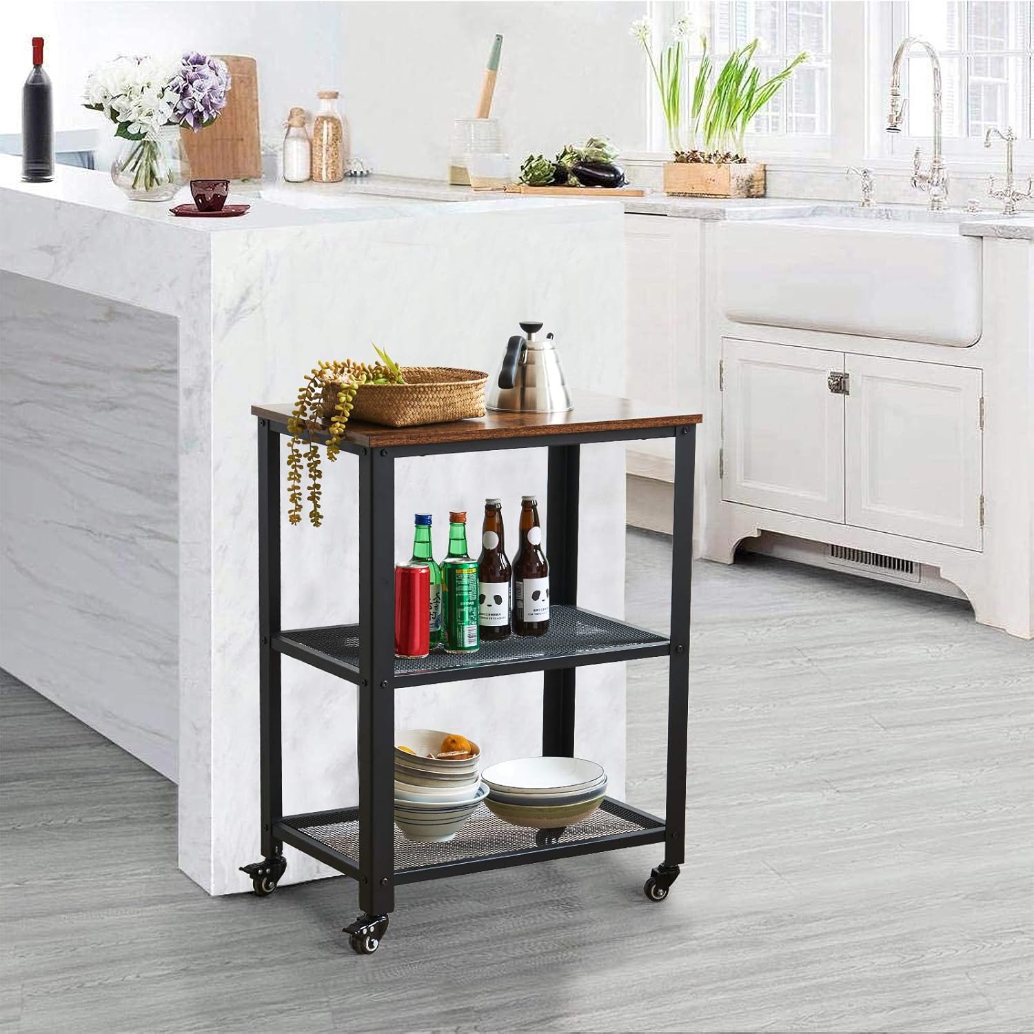 Industrial 3-Tier Rolling Utility Cart, Rustic Brown I566