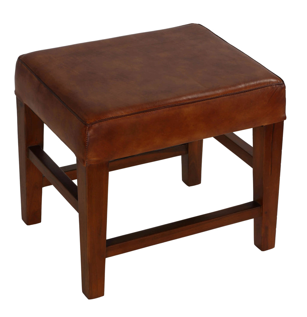 Genuine Leather Ottoman with Solid Teak Wood Legs, Brown O965