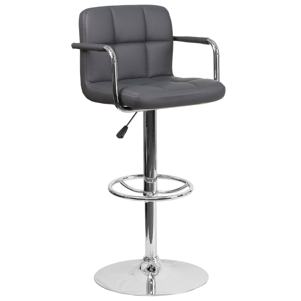 Gray Quilted Vinyl Adjustable Height Barstool with Arms and Chrome Base W275