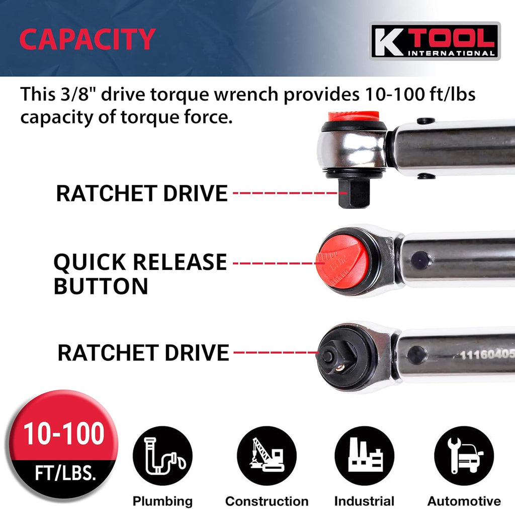 3/8" Drive Click Style Long Torque Wrench, 10-100 feet/lbs. Capacity, 16-1/4" Long, Pack of 2 V61311