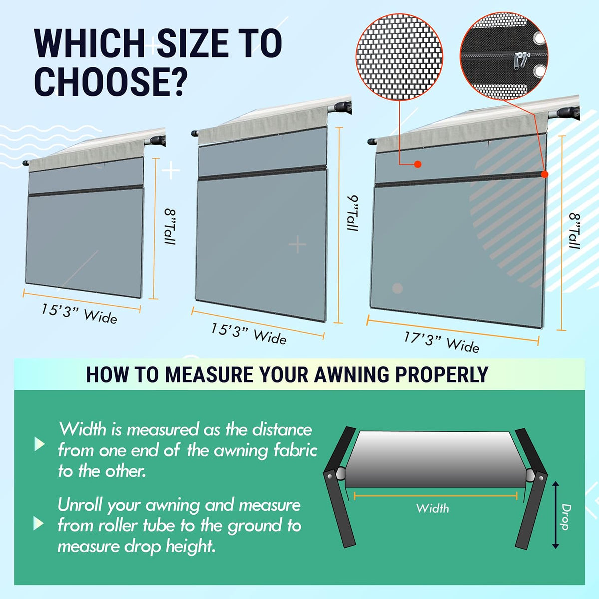 RV Awning Shade Screen 8x15.3’ with Zipper B3349