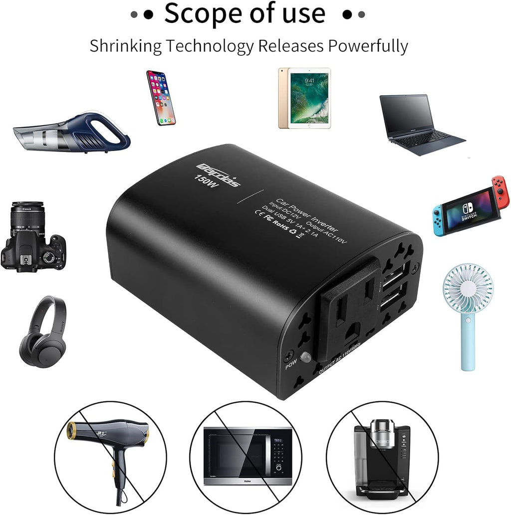 150W Car Power Inverter DC 12V to 110V AC 2 USB Ports Black Pack of 2 Z639