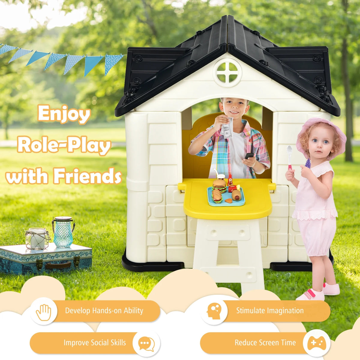Yellow Playhouse Games Cottage with 7 PCS Toy Set and Waterproof Cover Y276112