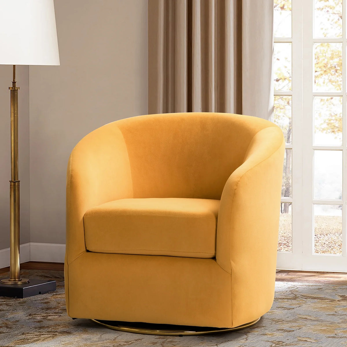 Mustard Velvet Swivel Barrel Chair with Wood Frame and Metal Base G38806