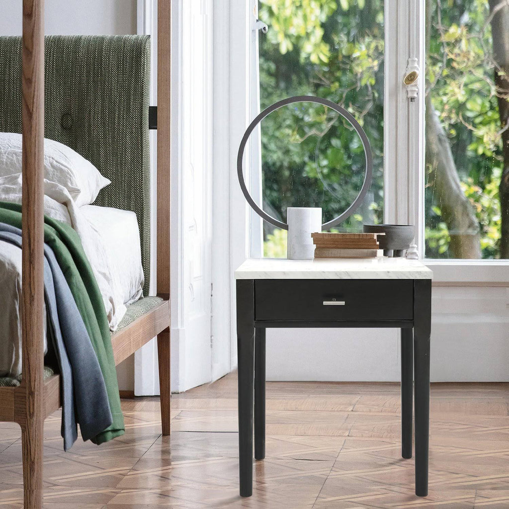 18x22 Square Italian Carrara White Marble Side Table with Black Leg E7598