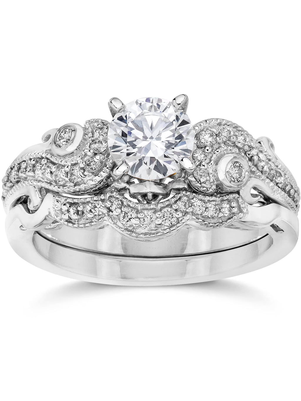 Vintage Diamond Engagement Ring Set 14K White Gold R647