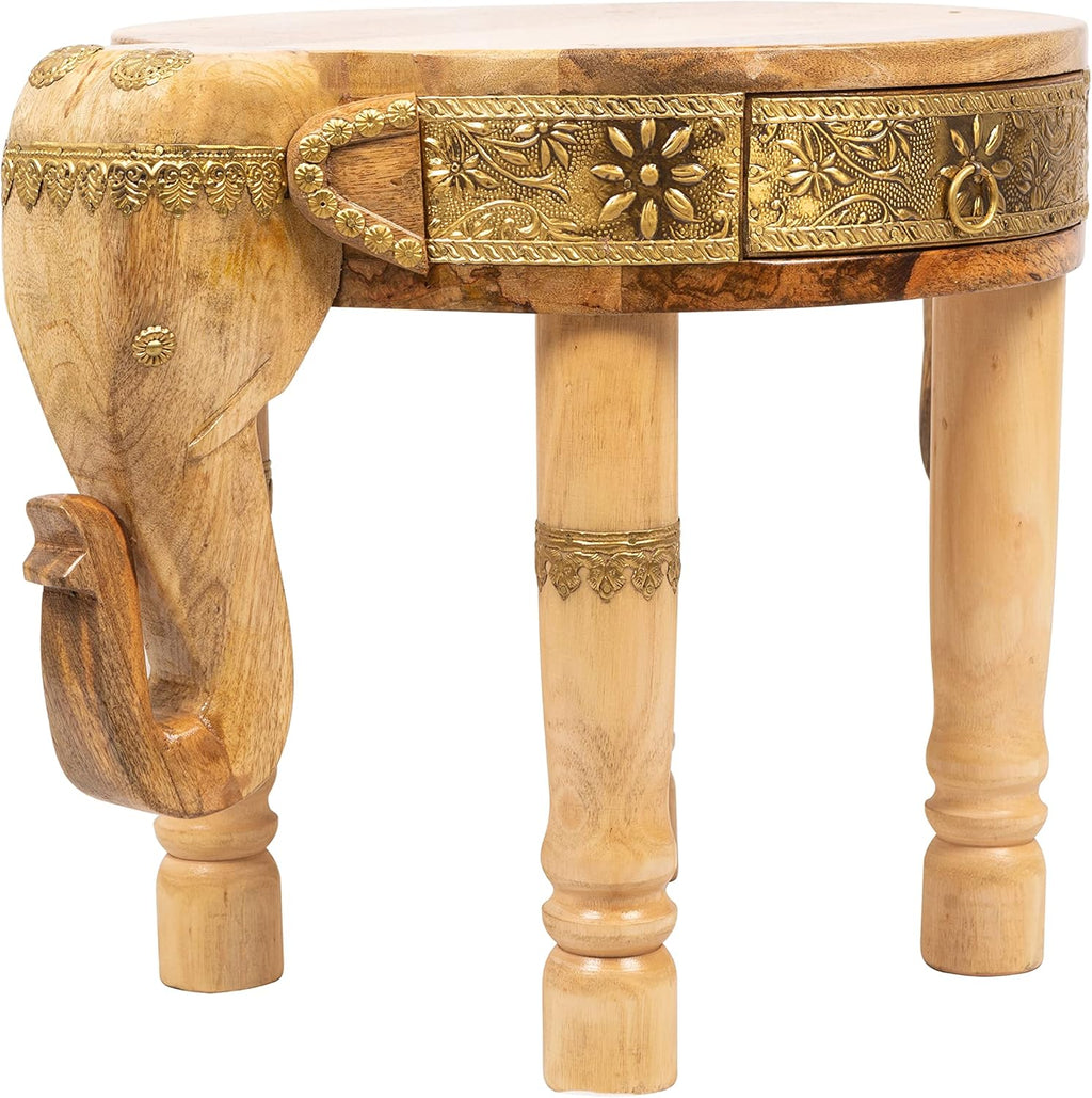 Hand Carved Wooden Elephant Side Table with Brass Accents F22020