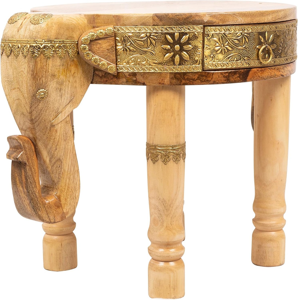 Hand Carved Wooden Elephant Side Table with Brass Accents F22020