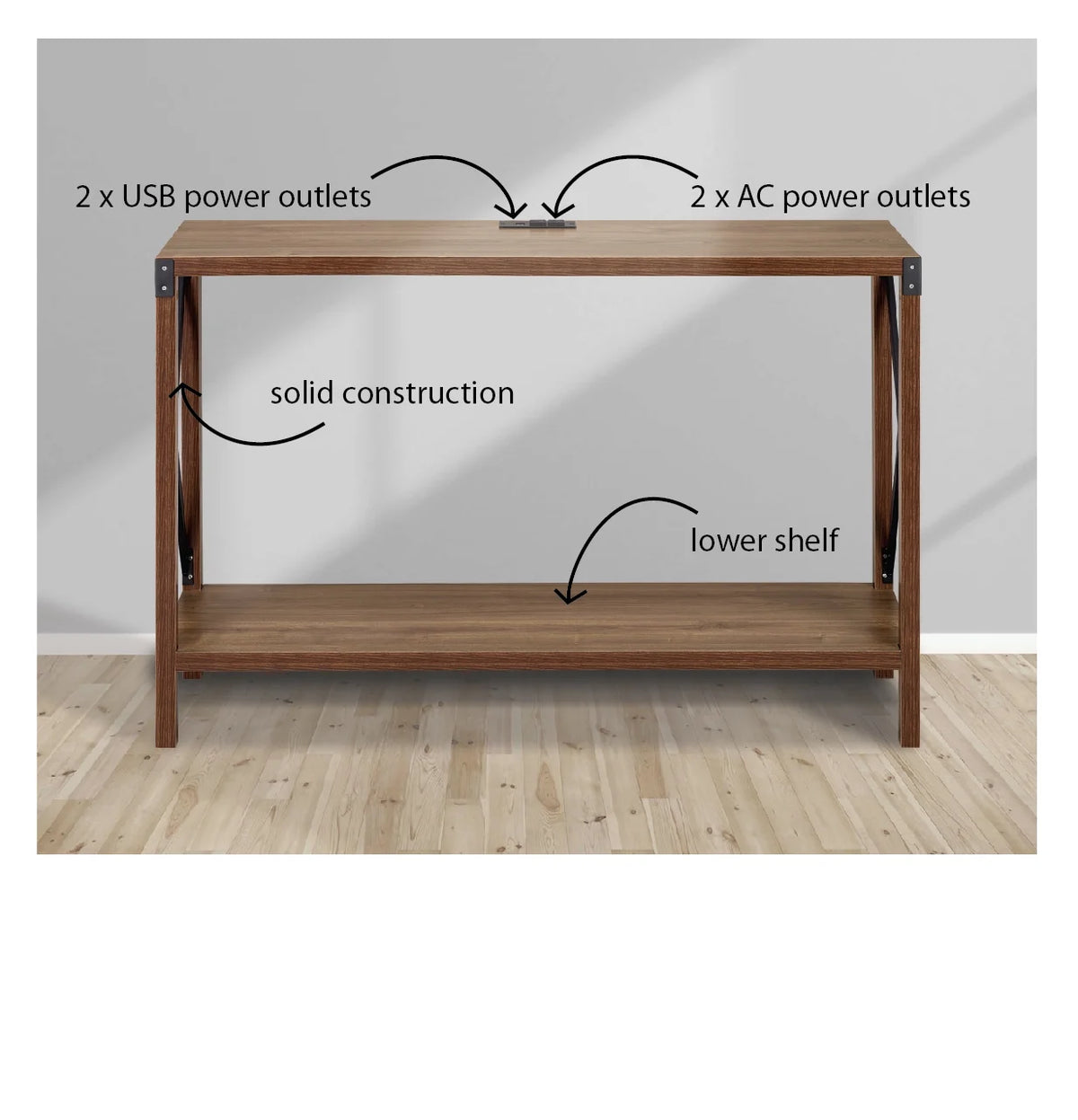 Walnut Wood Console Table with AC Power and USB Charging Ports N8943