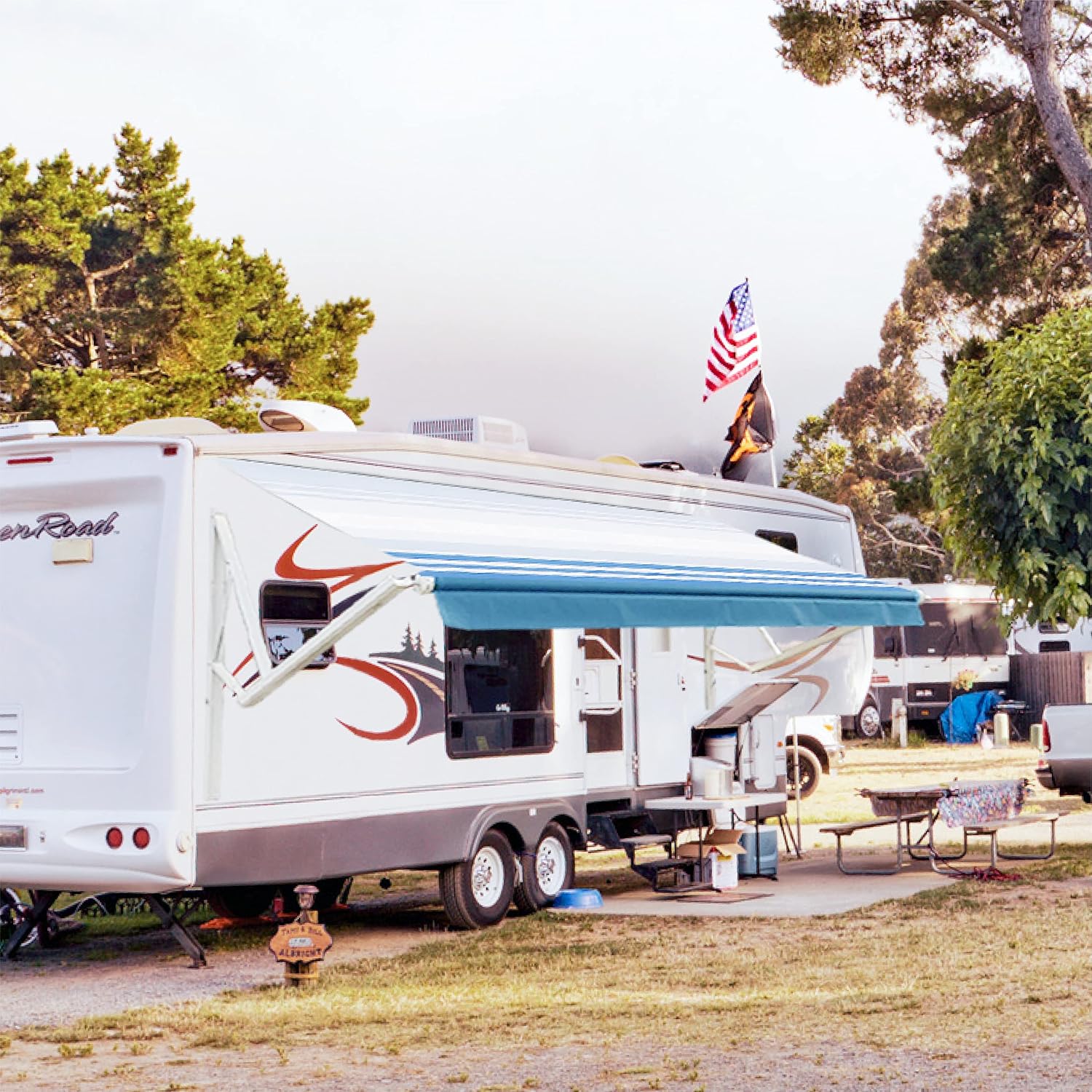 White Motorized Retractable RV Awning Full Set Assemblies 12x8 Ft Black Fade F75211