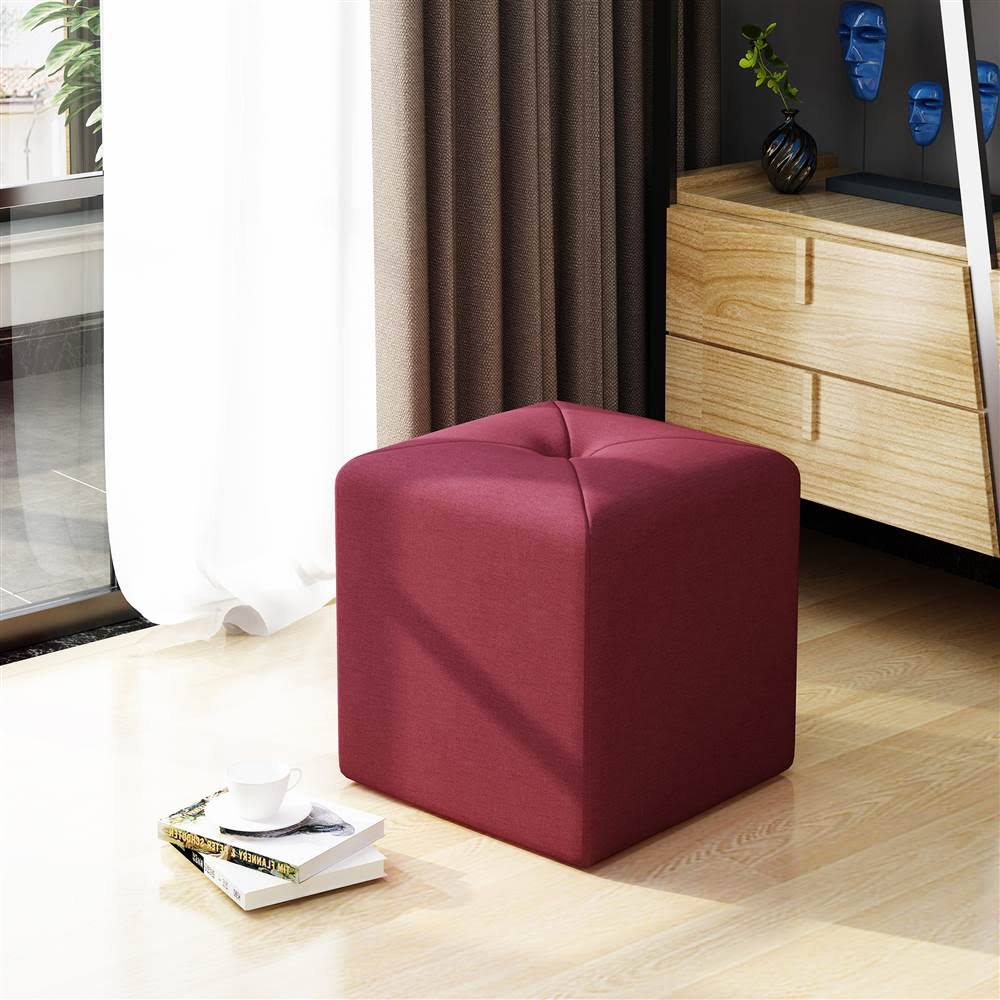 Deep Red Fabric Square Ottoman D311649