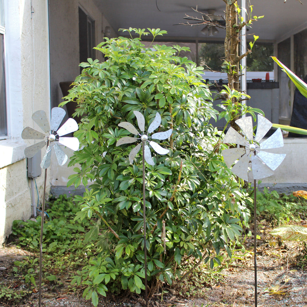 Silver Metal Windmill Wind Spinner Garden Stakes Set of 3 B52112
