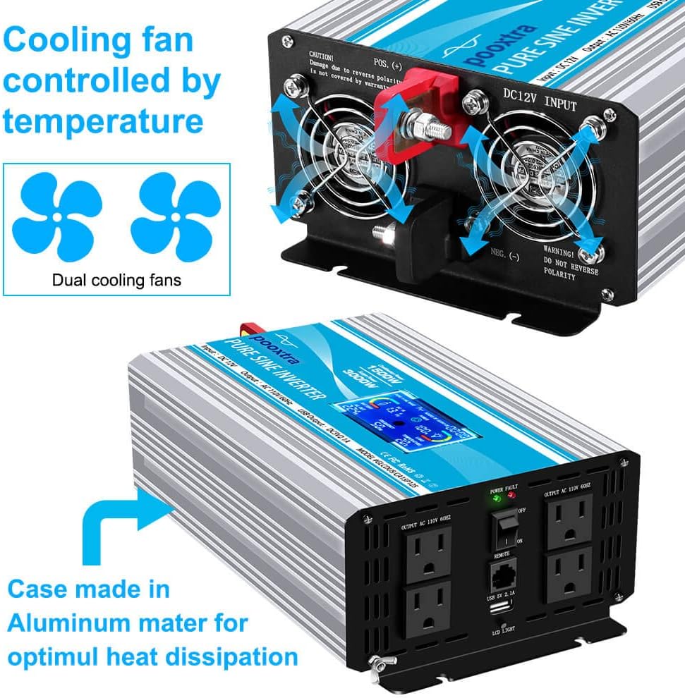 1500 Watt Pure Sine Wave Power Inverter 12V DC to 110V AC with LCD Display USB Port 4 AC Outlets G1945