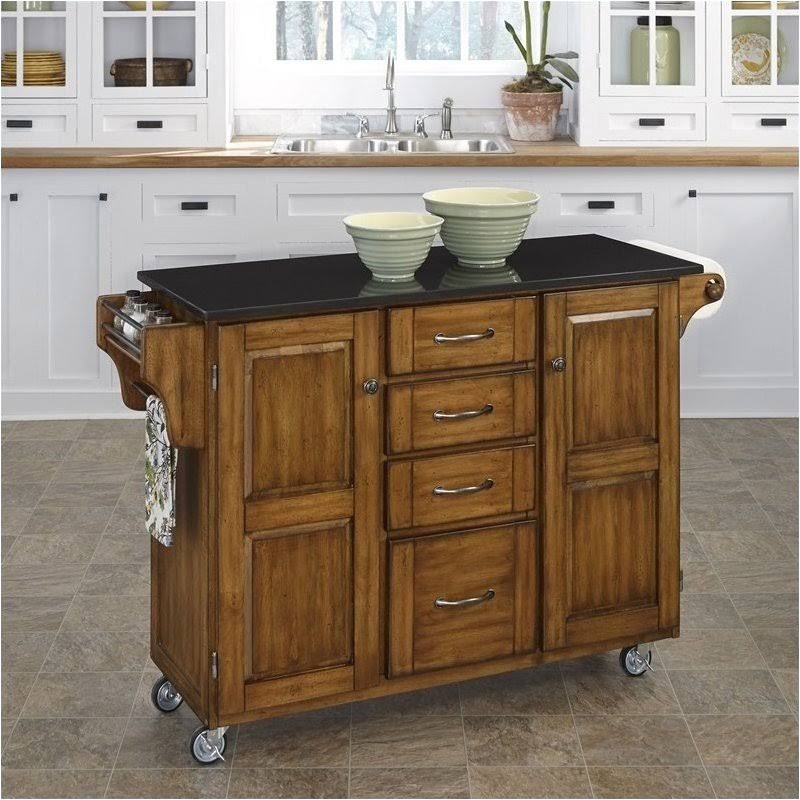 Black Granite Kitchen Cart in Cottage Oak Wood K188